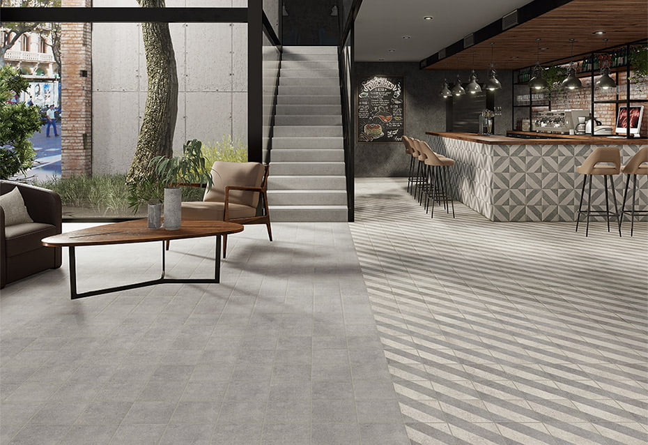 ANIMA CENIZA ANTISLIP 22,5x22,5 · 8,8''x8,8'' · DECOR LINEAL ANTISLIP 22,5x22,5 · 8,8''x8,8'' · PELDAÑO ANGULAR ANIMA CENIZA 120x32/3 · 48''x12,5''x1''