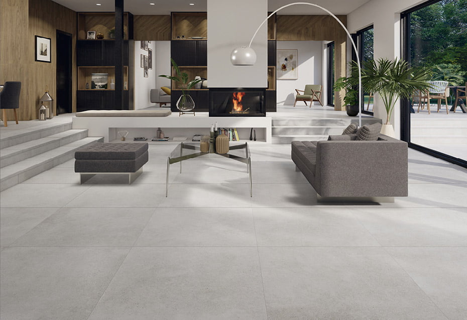 ANIMA CENIZA 90x90 · 35,4''x35,4'' · PELDAÑO ANGULAR ANIMA CENIZA 120x32/3 · 48''x12,5''/1'' · <br>NATURA UMBER 20x120 · 8''x48''