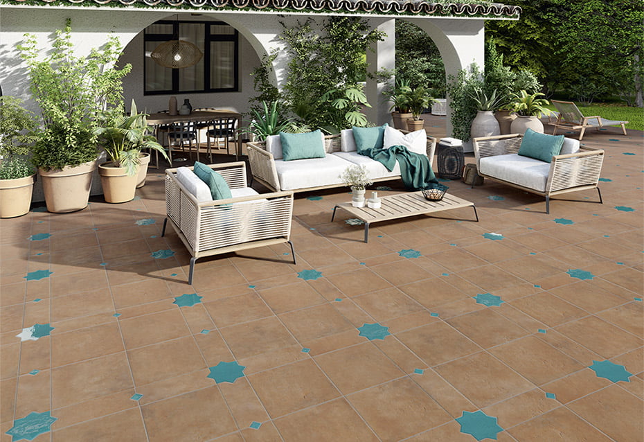 ARGILE FERRARA 45x45 · 17,7''x17,7'' · LOSANGA ARGILE FERRARA 18x45 · 7''x17,7'' · ESTRELLA ARGILE AQUAMARINA 18x18 · 7''x7'' · TACO ARGILE AQUAMARINA 4x4 · 2''x2''