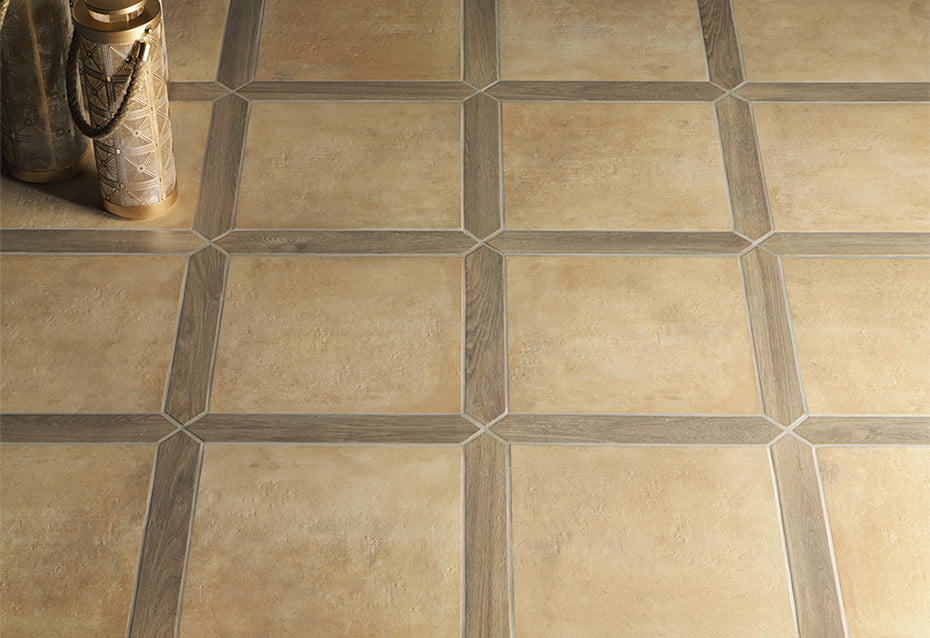 ARGILE PALERMO 45x45 · 17,7''x17,7'' · ARROW FORESTA 7,4x48 · 3''x19''