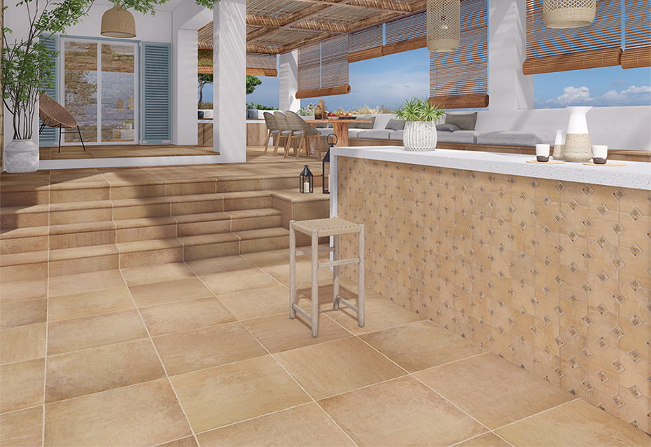 COTTAGE SUN 60x60 · 23,6''x23,6'' · PELDAÑO CURVO COTTAGE SUN ANTISLIP 60x33/4 · 23,6''x13/1,5'' · CROSS COTTAGE SUN 15,5x15,5 · 6''x6'' · TACO COTTAGE LACOCK 4x4 · 1,5''x1,5''