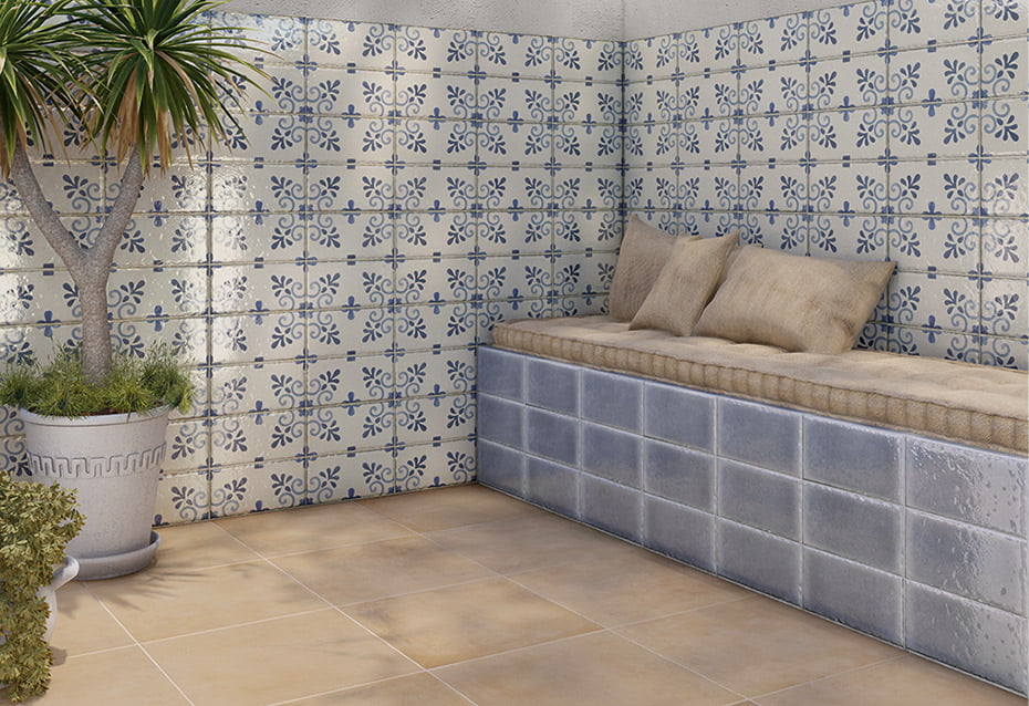 FRAME SANTORINI 15x30 · 6''x12'' · FRAME BLUE 15x30 · 6''x12''<br>ARGILE VERONA 45x45 · 17,7''x17,7''