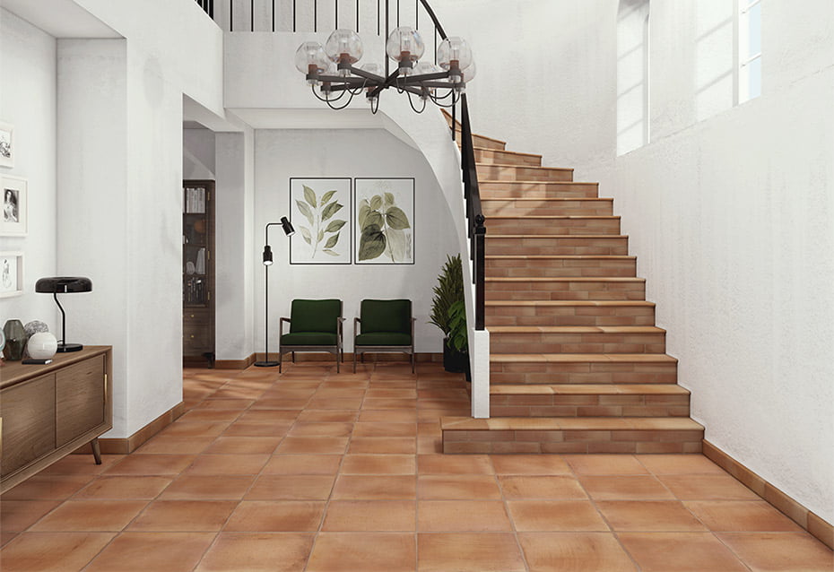 FUEGO ANTIC 45x45 · 17,7''x17,7'' · PELDAÑO CURVO FUEGO ANTIC 45x33/4 · 17,7''x13''/1,5'' · FUEGO ANTIC BRICK 6,5x25 · 2,5''x10'' · ZÓCALO FUEGO ANTIC 9x45 · 3,5''x17,7'' · ÁNG. PELDAÑO CURVO FUEGO ANTIC 33x46/4 · 13''x18''/1,5''