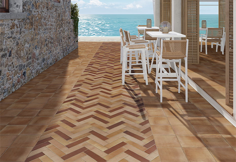 FUEGO ANTIC ANTISLIP 22,5x22,5 · 8,8''x8,8'' · FUEGO ANTIC 22,5x22,5 · 8,8''x8,8'' · PELDAÑO CURVO FUEGO ANTIC 45x33/4 · 17,7''x13''/1,5'' · FUEGO NATURAL BRICK 6,5x25 · 2,5''x10'' · FUEGO ANTIC BRICK 6,5x25 · 2,5''x10'' · FUEGO TEJA BRICK 6,5x25 · 2,5''x10''