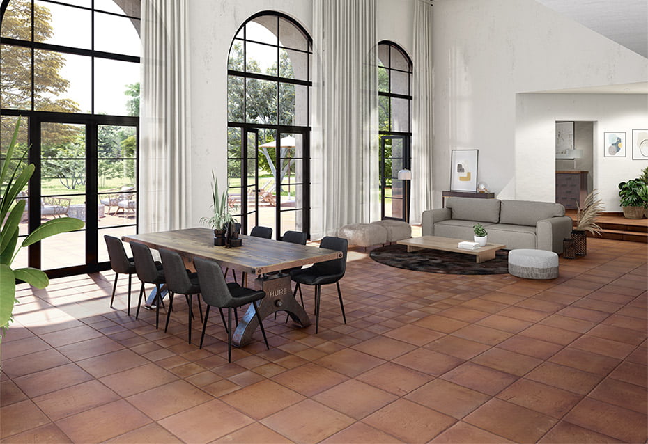 FUEGO TEJA 45x45 · 17,7''x17,7'' · FUEGO TEJA 22,5x22,5 · 8,8''x8,8'' · PELDAÑO CURVO FUEGO TEJA 45x33/4 · 17,7''x13''/1,5''