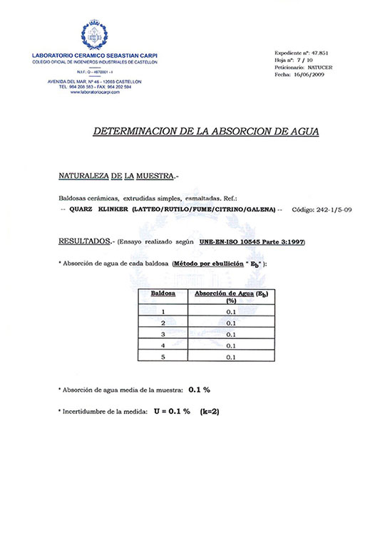 CERTIFICADO DETERMINACIÓN DE LA ABSORCIÓN DE AGUA