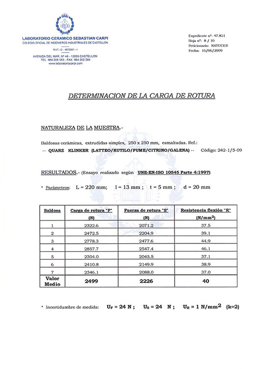 CERTIFICADO DETERMINACIÓN DE LA CARGA DE ROTURA