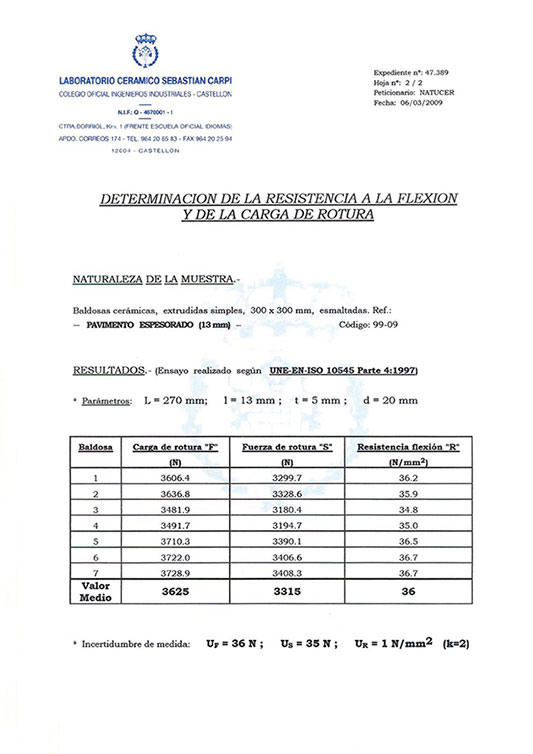 CERTIFICADO DETERMINACIÓN DE LA RESISTENCIA A LA FLEXIÓN Y DE LA CARGA DE ROTURA