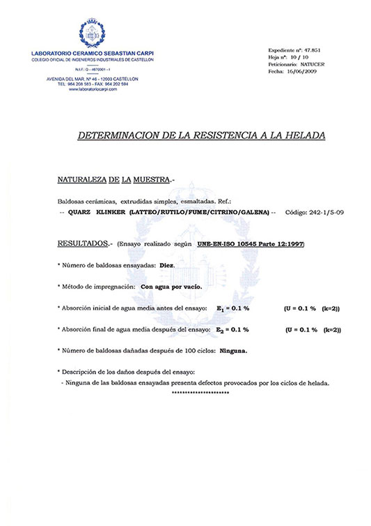 CERTIFICADO DETERMINACIÓN DE LA RESISTENCIA A LA HELADA