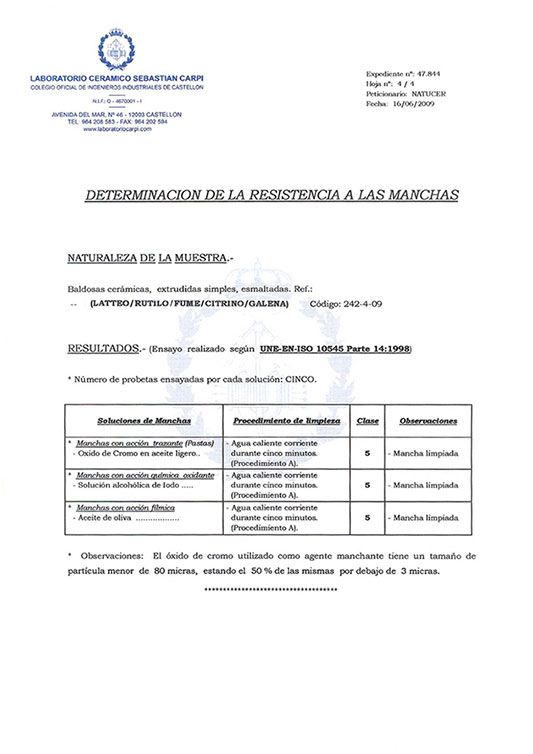 CERTIFICADO DETERMINACIÓN DE LA RESISTENCIA A LAS MANCHAS