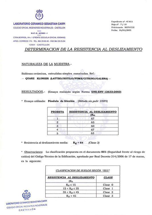 CERTIFICADO DETERMINACIÓN DE LA RESISTENCIA AL DESLIZAMIENTO