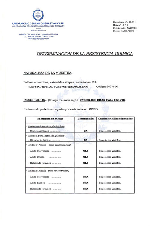 CERTIFICADO DETERMINACIÓN DE LA RESISTENCIA QUÍMICA