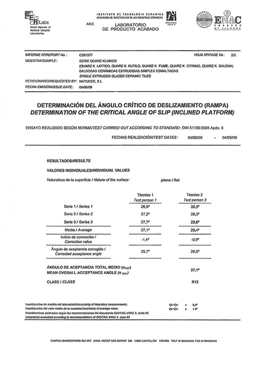 CERTIFICADO DETERMINACIÓN DEL ÁNGULO CRÍTICO DE DESLIZAMIENTO (RAMPA)