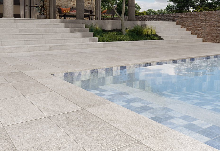 PIRINEOS GRIS ANTISLIP 33x66,5 · 13''x26,5'' · PELDAÑO ANGULAR PIRINEOS GRIS ANTISLIP 66,5x32/3 · 26,5''x12,5''/1'' · PIRINEOS MIX MARINO 15x15 · 6''x6''