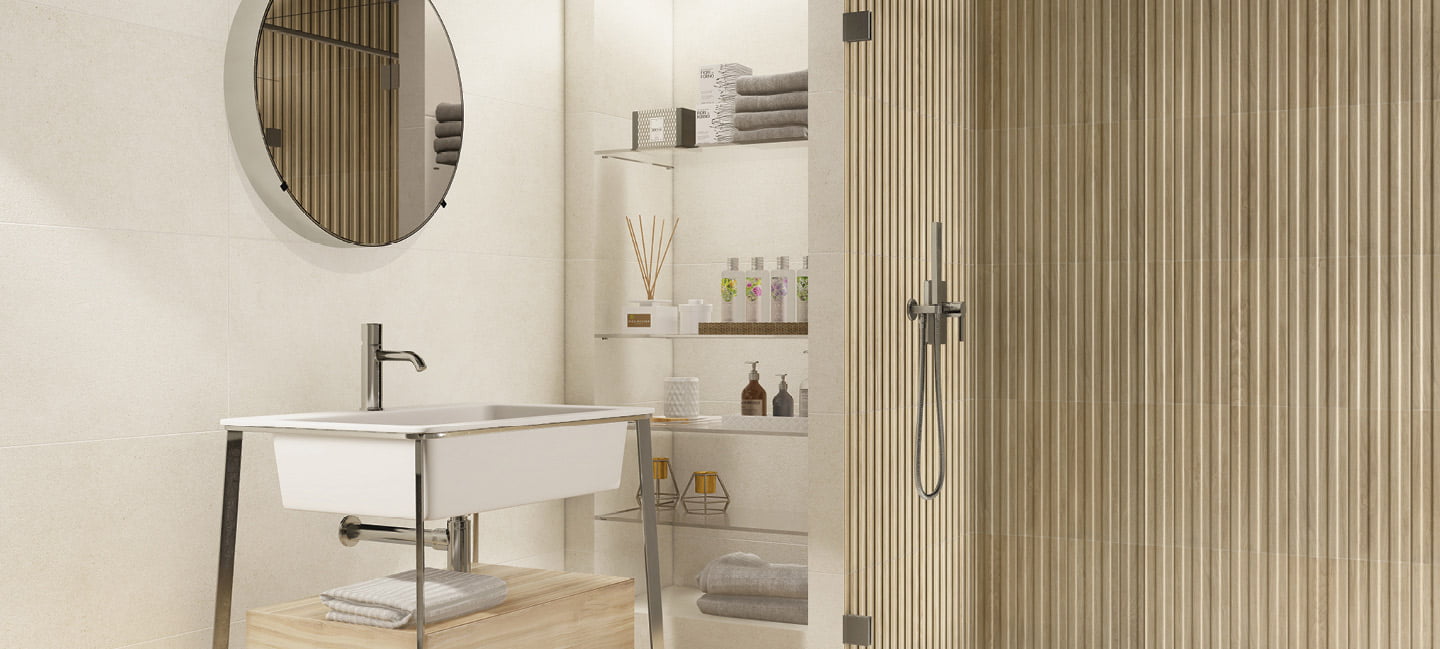 HIP HOP CAMEL 15x40 · 6''x16'' · VEGA BIANCO 40x120 · 16''x48''<br>NATURA CAMEL 20x120 · 8''x48''