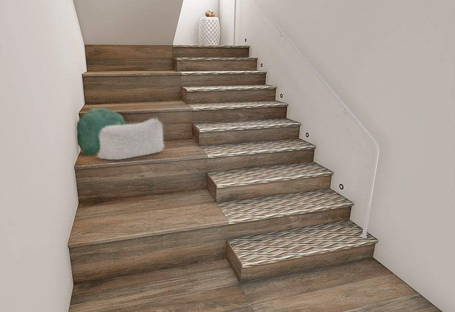 PELDAÑO MARQUETRY PARK SPIKE 120x32/3 · 48''x12,5''/1''<br>RETIRO PARK 20x120 · 8''x48'' · PELDAÑO ANGULAR RETIRO PARK 120x32/3 · 48''x12,5'' · FRONTAL RETIRO PARK 15x120 · 6''x48'' · REMATE PELDAÑO ANGULAR IZQ. RETIRO PARK 3x32 · 1''x 12,5''